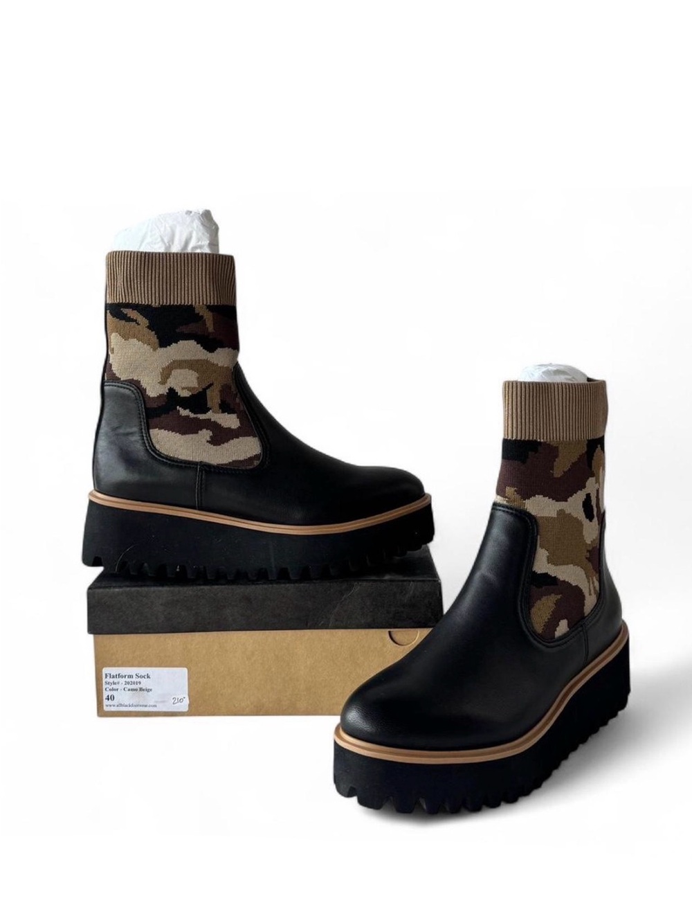 Black Leather Chelsea Ankle Boot with Camouflage Knit Cuff